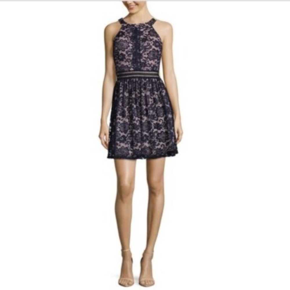 by & by Blue Tan Halter A-line Mini Dress